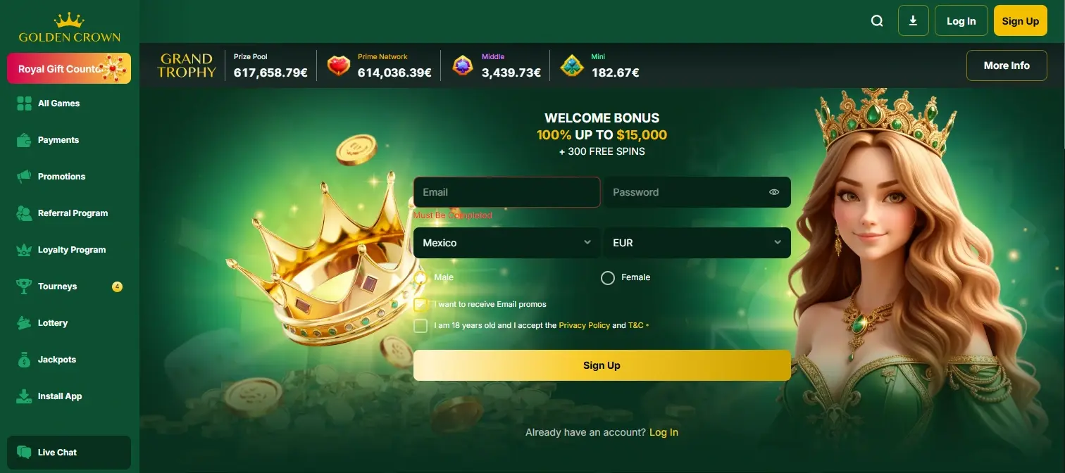 Golden Crown casino homepage with registration and welcome offer