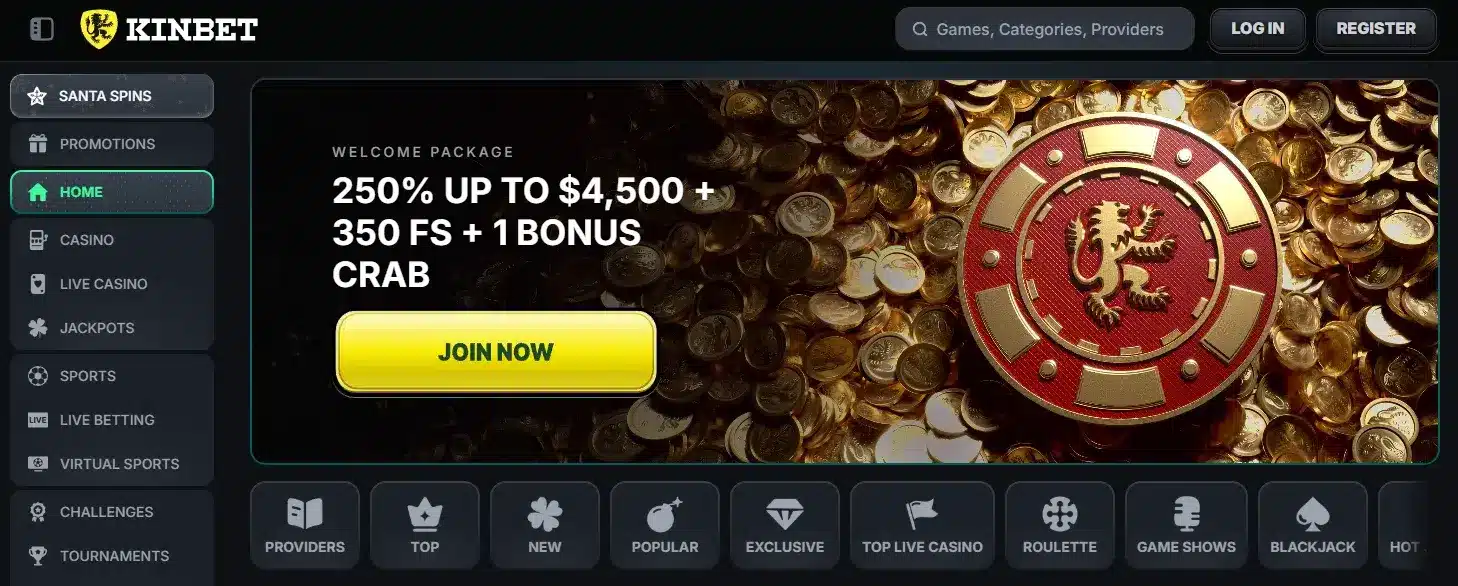 Kinbet casino homepage highlighting featured offers and main casino sections